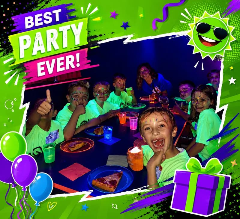 Kids enjoying a glow birthday party in an AeroSports party room