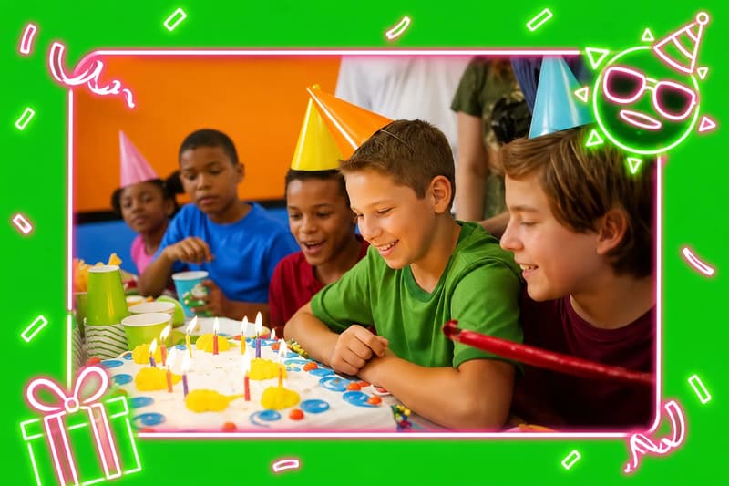 Kids celebrating a birthday party with cake at AeroSports indoor party venue